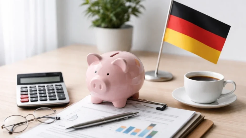 Bild einer finanziellen Planungsszene mit einem Sparschwein, einem Taschenrechner, Dokumenten mit Diagrammen, einer Tasse Kaffee und einer Deutschlandflagge im Hintergrund, was die Organisation persönlicher Finanzen und strategische Entscheidungen im Bereich Finanzen in Deutschland symbolisiert.
