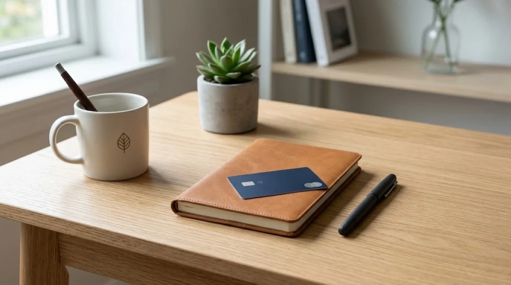 Credit card resting on a closed leather journal next to a pen, coffee mug, and plant.