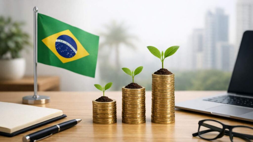 Moedas empilhadas com brotos crescendo no topo, ao lado de bandeira do Brasil, notebook, caderno, caneta e óculos sobre uma mesa.