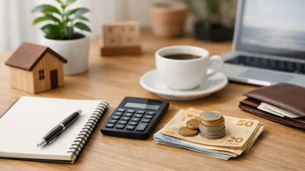 Mesa de trabalho com calculadora, caderno, dinheiro em notas e moedas, carteira, xícara de café, notebook, planta e miniatura de casa.