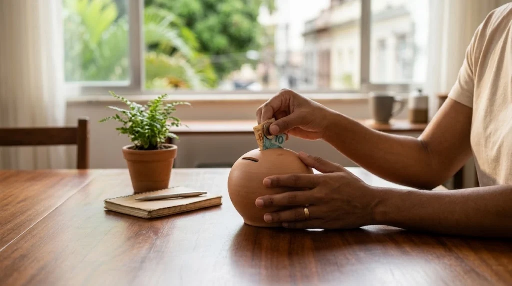 Person inserting a Brazilian real banknote into a clay piggy bank on a wooden table.