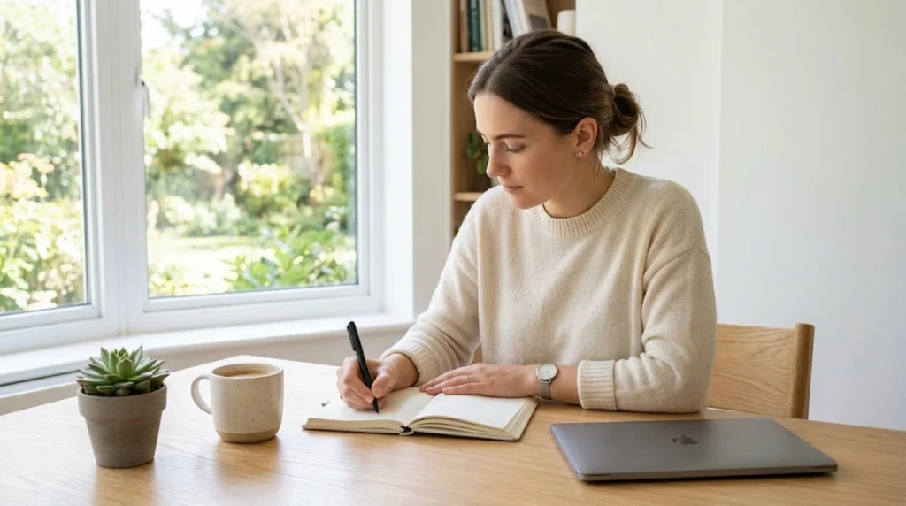 Woman in a beige sweater writing in a notebook near a laptop, coffee mug, and window.